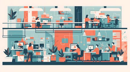business office interior workplace people working and communicating flat design illustration generative AI. person businessman and women workspace corporate teamwork job concept with technology.の写真素材