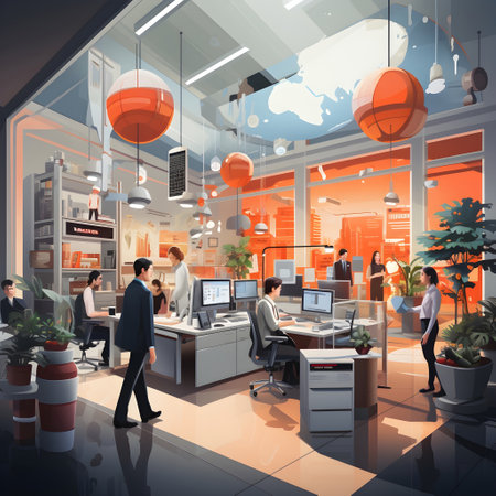business office interior workplace people working and communicating flat design illustration generative AI. person businessman and women workspace corporate teamwork job concept with technology.の写真素材