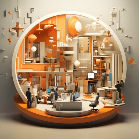 business office interior workplace people working and communicating flat design illustration generative AI. person businessman and women workspace corporate teamwork job concept with technology.の写真素材