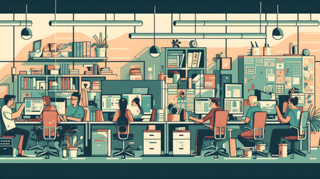business office interior workplace people working and communicating flat design illustration generative AI. person businessman and women workspace corporate teamwork job concept with technology.の写真素材