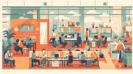 business office interior workplace people working and communicating flat design illustration generative AI. person businessman and women workspace corporate teamwork job concept with technology.の写真素材
