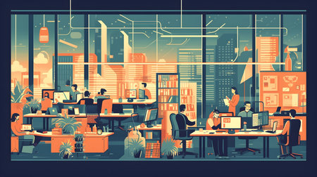 business office interior workplace people working and communicating flat design illustration generative AI. person businessman and women workspace corporate teamwork job concept with technology.の写真素材