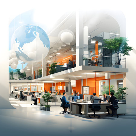 business office interior workplace people working and communicating flat design illustration generative AI. person businessman and women workspace corporate teamwork job concept with technology.の写真素材