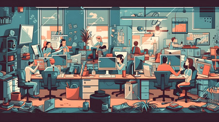 business office interior workplace people working and communicating flat design illustration generative AI. person businessman and women workspace corporate teamwork job concept with technology.の写真素材
