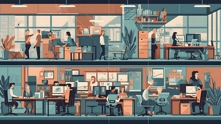 business office interior workplace people working and communicating flat design illustration generative AI. person businessman and women workspace corporate teamwork job concept with technology.の写真素材