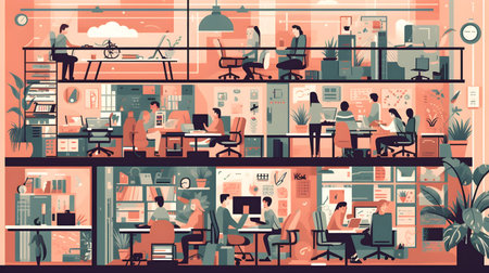 business office interior workplace people working and communicating flat design illustration generative AI. person businessman and women workspace corporate teamwork job concept with technology.の写真素材