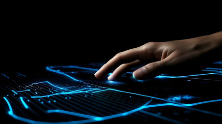 Human hand touching hologram screen with finger with glowing polygonal wireframe on dark background generative AI. Network and technology concept finger virtual panel with binary code.の写真素材