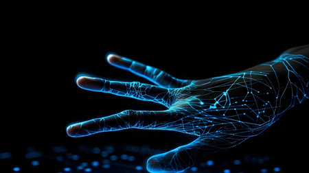 Human hand touching hologram screen with finger with glowing polygonal wireframe on dark background generative AI. Network and technology concept finger virtual panel with binary code.の写真素材