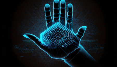 Human hand touching hologram screen with finger with glowing polygonal wireframe on dark background generative AI. Network and technology concept finger virtual panel with binary code.の写真素材