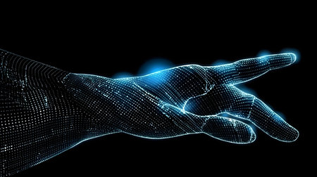 Human hand touching hologram screen with finger with glowing polygonal wireframe on dark background generative AI. Network and technology concept finger virtual panel with binary code.の写真素材