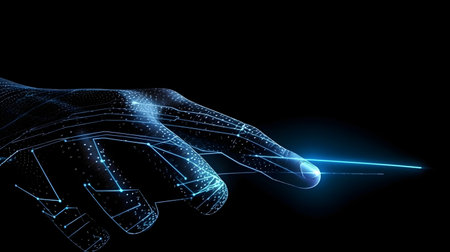 Human hand touching hologram screen with finger with glowing polygonal wireframe on dark background generative AI. Network and technology concept finger virtual panel with binary code.の写真素材
