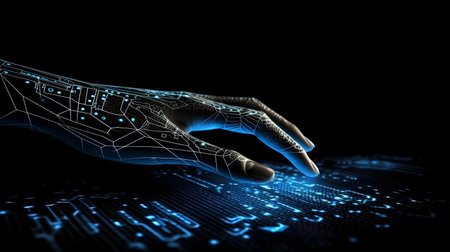 Human hand touching hologram screen with finger with glowing polygonal wireframe on dark background generative AI. Network and technology concept finger virtual panel with binary code.の写真素材