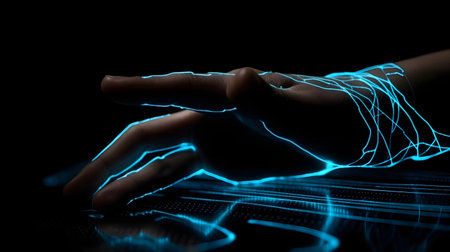 Human hand touching hologram screen with finger with glowing polygonal wireframe on dark background...