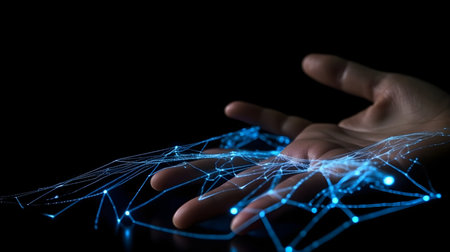 Human hand touching hologram screen with finger with glowing polygonal wireframe on dark background generative AI. Network and technology concept finger virtual panel with binary code.の写真素材