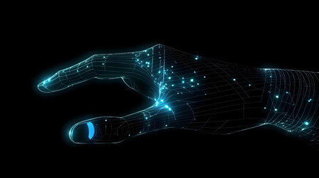 Human hand touching hologram screen with finger with glowing polygonal wireframe on dark background generative AI. Network and technology concept finger virtual panel with binary code.の写真素材