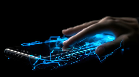 Human hand touching hologram screen with finger with glowing polygonal wireframe on dark background generative AI. Network and technology concept finger virtual panel with binary code.の写真素材