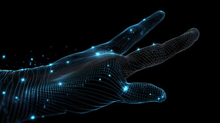 Human hand touching hologram screen with finger with glowing polygonal wireframe on dark background generative AI. Network and technology concept finger virtual panel with binary code.の写真素材