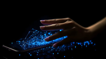 Human hand touching hologram screen with finger with glowing polygonal wireframe on dark background generative AI. Network and technology concept finger virtual panel with binary code.の写真素材