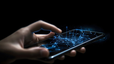 Human hand touching hologram screen with finger with glowing polygonal wireframe on dark background generative AI. Network and technology concept finger virtual panel with binary code.の素材