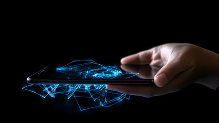 Human hand touching hologram screen with finger with glowing polygonal wireframe on dark background generative AI. Network and technology concept finger virtual panel with binary code.の写真素材