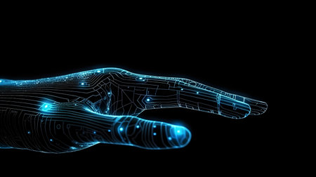 Human hand touching hologram screen with finger with glowing polygonal wireframe on dark background generative AI. Network and technology concept finger virtual panel with binary code.の写真素材