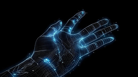 Human hand touching hologram screen with finger with glowing polygonal wireframe on dark background generative AI. Network and technology concept finger virtual panel with binary code.の写真素材