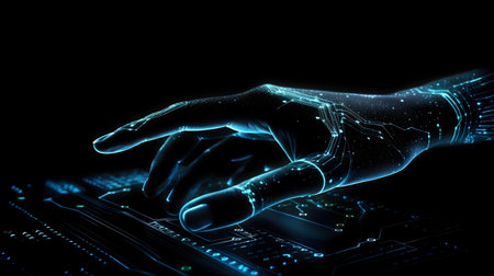 Human hand touching hologram screen with finger with glowing polygonal wireframe on dark background generative AI. Network and technology concept finger virtual panel with binary code.の写真素材