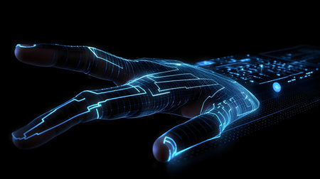 Human hand touching hologram screen with finger with glowing polygonal wireframe on dark background generative AI. Network and technology concept finger virtual panel with binary code.の写真素材