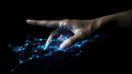 Human hand touching hologram screen with finger with glowing polygonal wireframe on dark background generative AI. Network and technology concept finger virtual panel with binary code.の写真素材