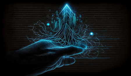 Human hand touching hologram screen with finger with glowing polygonal wireframe on dark background generative AI. Network and technology concept finger virtual panel with binary code.の写真素材