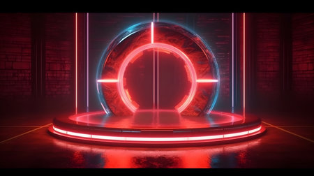technology futuristic circle with glowing neon light podium stage generative AI. abstract sci fi background with a pedestal dark room platform space realistic presentation display ring shine.の写真素材