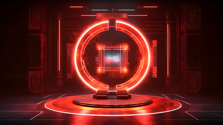 technology futuristic circle with glowing neon light podium stage generative AI. abstract sci fi...