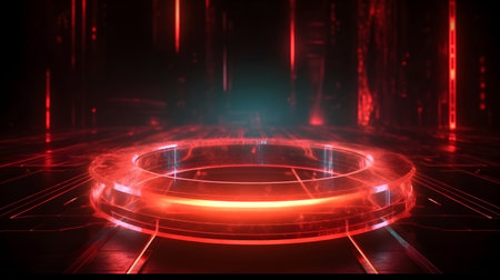 technology futuristic circle with glowing neon light podium stage generative AI. abstract sci fi background with a pedestal dark room platform space realistic presentation display ring shine.の写真素材