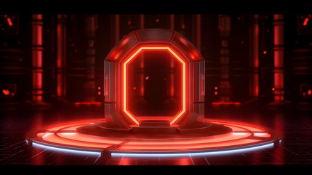 technology futuristic circle with glowing neon light podium stage generative AI. abstract sci fi background with a pedestal dark room platform space realistic presentation display ring shine.の写真素材