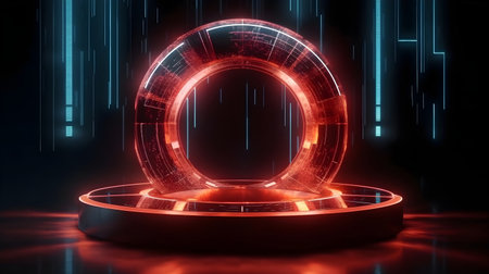 technology futuristic circle with glowing neon light podium stage generative AI. abstract sci fi background with a pedestal dark room platform space realistic presentation display ring shine.の写真素材