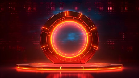 technology futuristic circle with glowing neon light podium stage generative AI. abstract sci fi background with a pedestal dark room platform space realistic presentation display ring shine.の写真素材