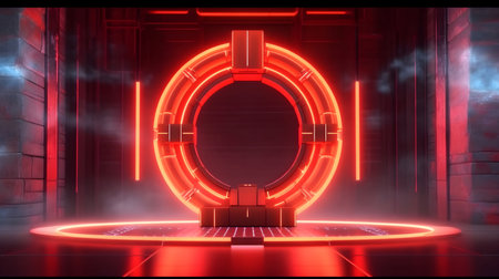 technology futuristic circle with glowing neon light podium stage generative AI. abstract sci fi background with a pedestal dark room platform space realistic presentation display ring shine.の写真素材