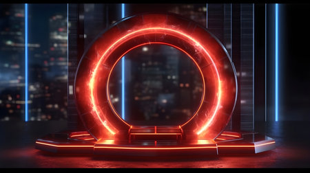 technology futuristic circle with glowing neon light podium stage generative AI. abstract sci fi background with a pedestal dark room platform space realistic presentation display ring shine.の写真素材