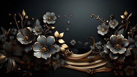black luxury abstract background with lines and waves golden elegant texture backdrop generative Ai. wavy metallic dark light element illustration graphic gold art decoration premium shape.の写真素材