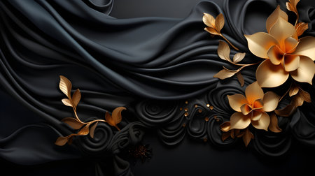 black luxury abstract background with lines and waves golden elegant texture backdrop generative Ai. wavy metallic dark light element illustration graphic gold art decoration premium shape.の写真素材