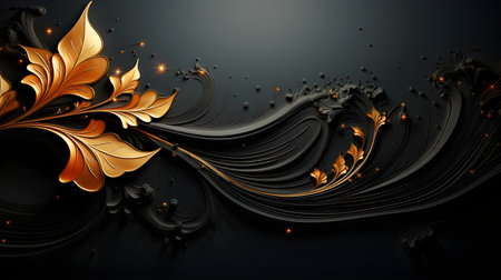black luxury abstract background with lines and waves golden elegant texture backdrop generative Ai. wavy metallic dark light element illustration graphic gold art decoration premium shape.の写真素材