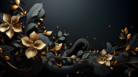 black luxury abstract background with lines and waves golden elegant texture backdrop generative Ai. wavy metallic dark light element illustration graphic gold art decoration premium shape.の写真素材