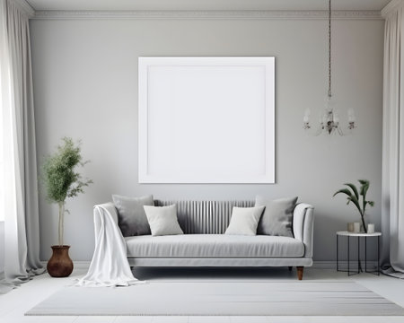 Interior minimal modern living room with mock up poster frame generative AI. furniture decor background floor wooden style contemporary white  template canvas apartment living room retro.の写真素材