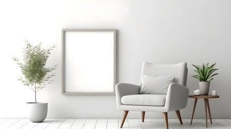 Interior minimal modern living room with mock up poster frame generative AI. furniture decor background floor wooden style contemporary white  template canvas apartment living room retro.の写真素材