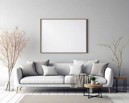 Interior minimal modern living room with mock up poster frame generative AI. furniture decor background floor wooden style contemporary white  template canvas apartment living room retro.の写真素材
