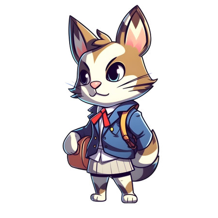 Cute cartoon cat in school uniform and backpack generative AI. animal kitten illustration character funny kitty minimal happy pet isolated smile print meow fun adorable design baby love little.の写真素材