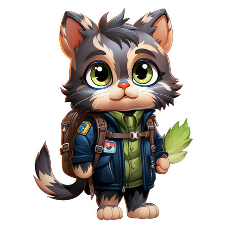 Cute cartoon cat in school uniform and backpack generative AI. animal kitten illustration character funny kitty minimal happy pet isolated smile print meow fun adorable design baby love little.の写真素材