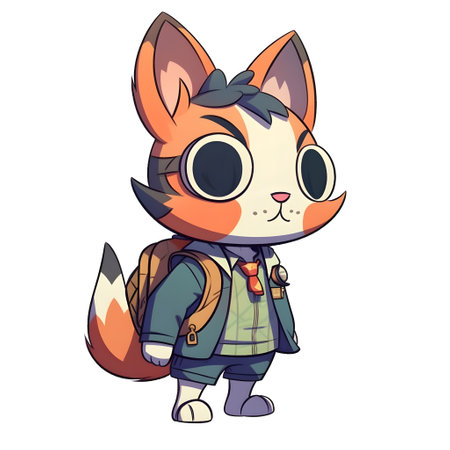Cute cartoon cat in school uniform and backpack generative AI. animal kitten illustration character funny kitty minimal happy pet isolated smile print meow fun adorable design baby love little.の写真素材
