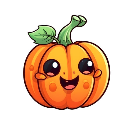halloween cute cartoon pumpkin character smile isolated on white background generative AI. autumn icon object element orange white background. vegetable illustration design face fun funny happy.の素材