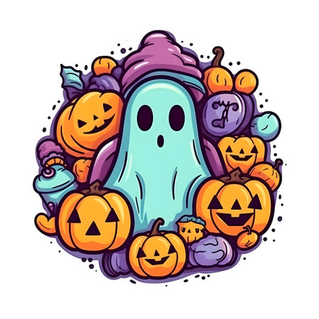 halloween element doodle icon set generative AI. elements hand drawn cartoon style cute pumpkin witch hat broom candlestick skull spider cauldron autumn spooky. october seasonal holiday.の写真素材